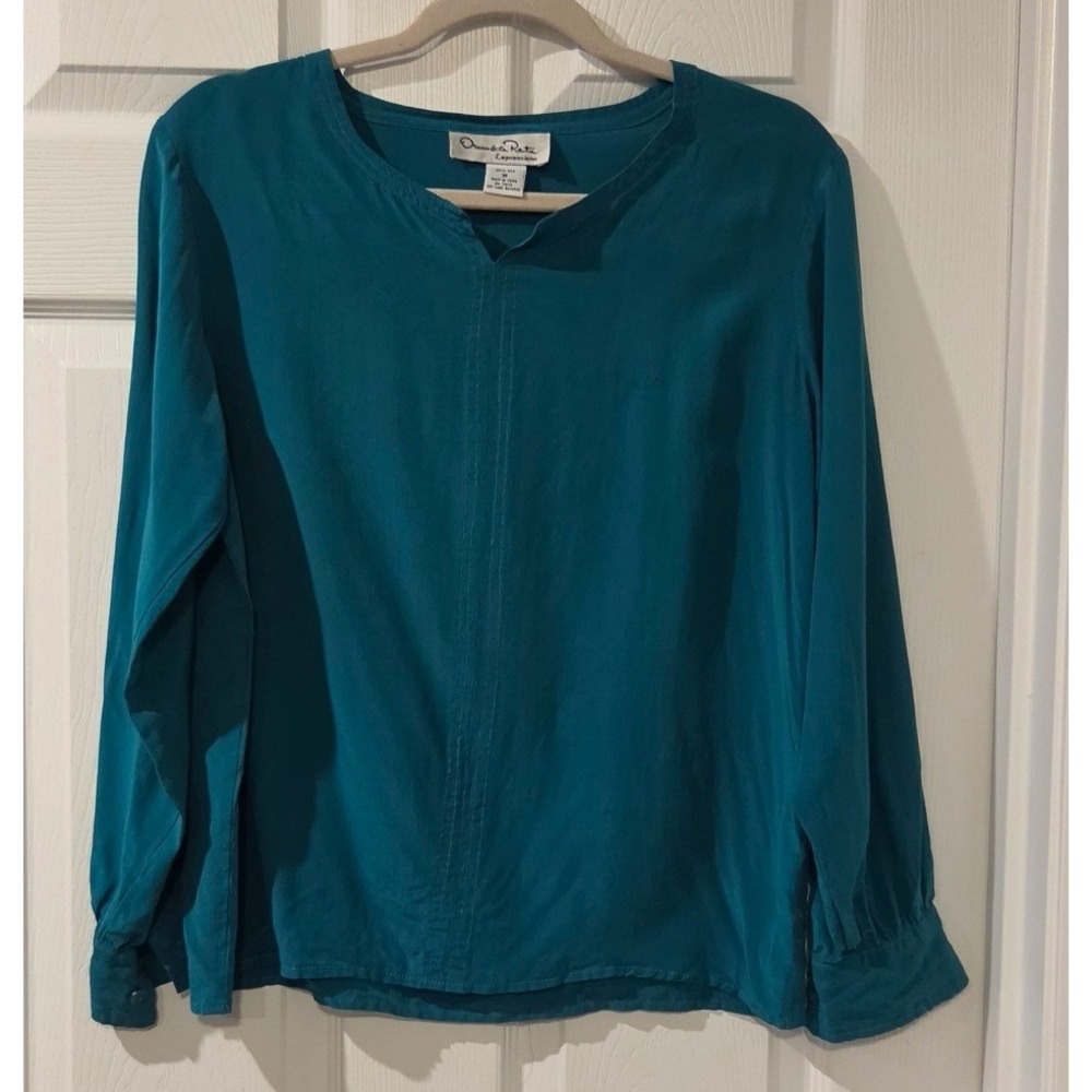 Oscar de la Renta Expressions 100% Silk Teal Blouse Long Sleeve Women's Medium